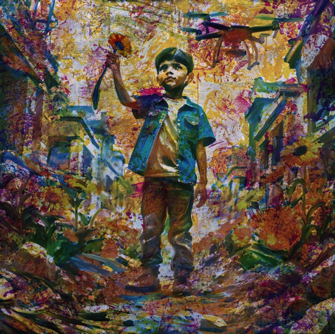 CHILD-AND-WAR-DRONE-Acrylic-on-canvas-100x100-cm.DATE-CREATED-2023-11-04
